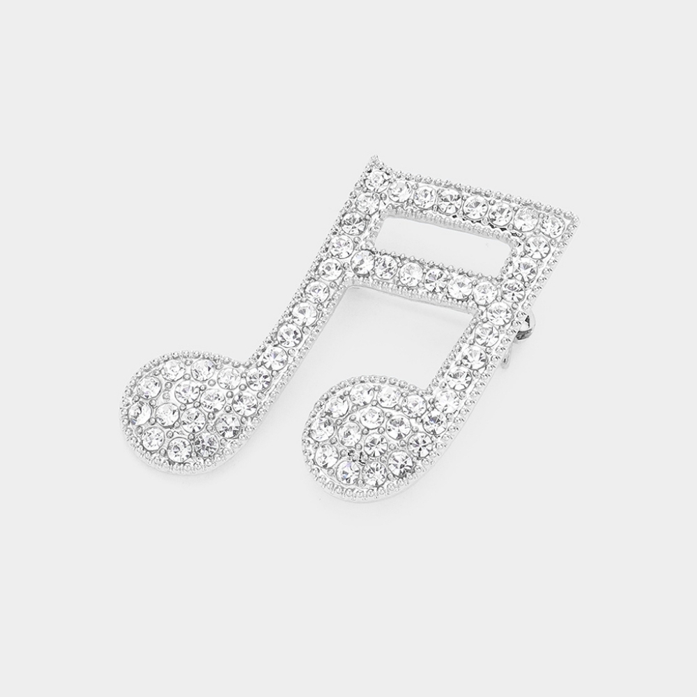 Silver Music Note Beamed Brooch Pin Pendant Rhinestone Statement Accessory - Picture 1 of 2